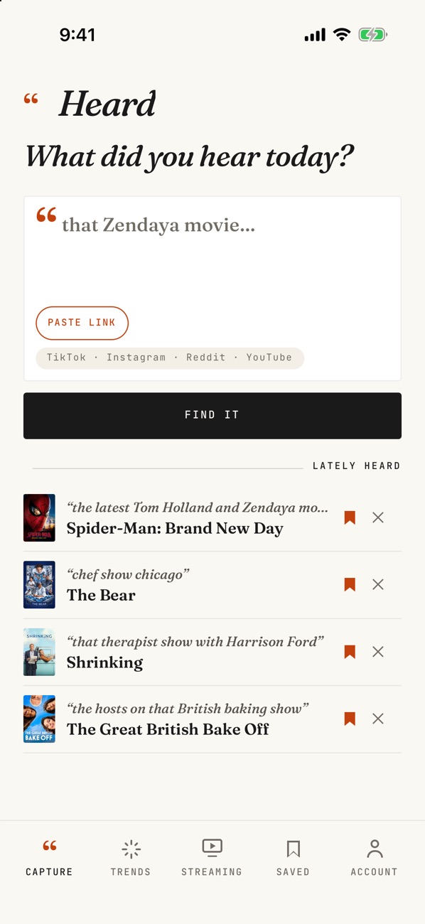 Heard’s Capture screen: “What did you hear today?” above recent clues and the titles they turned into