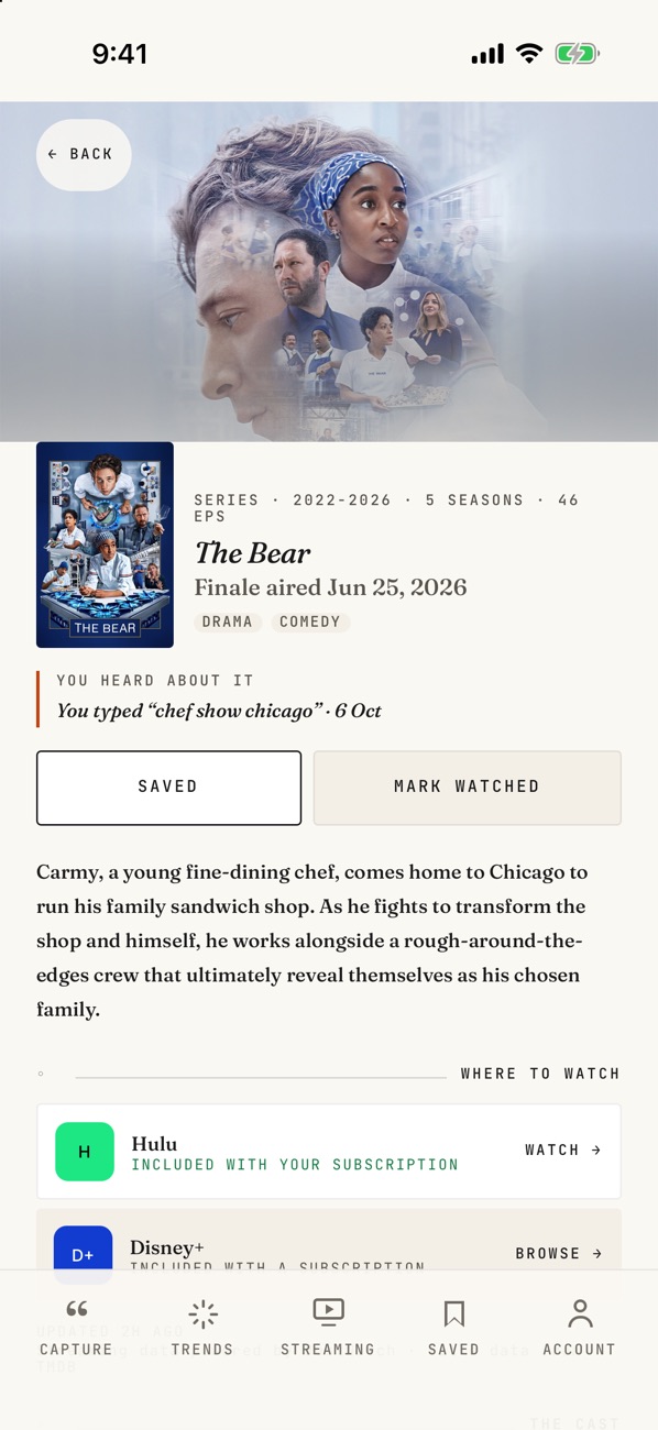 The Bear’s page in Heard, showing what you typed to find it and where to watch